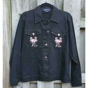 Las Olas Women M Black Denim Jean Jacket Pink Flamingo Rhinestone